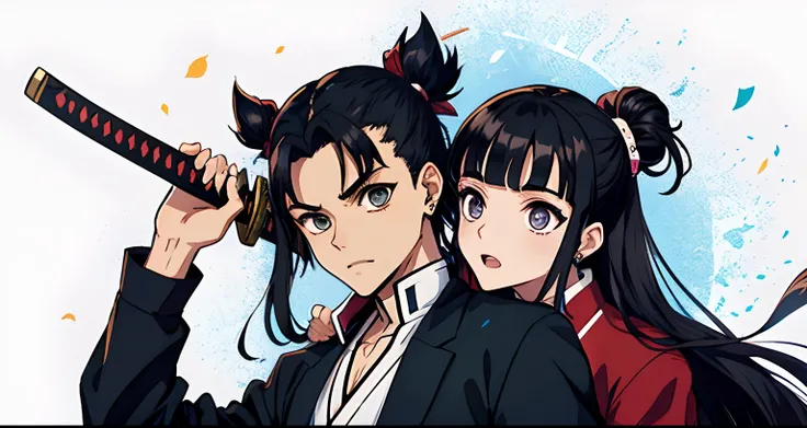 Kimetsu no yaba, homem forte, cabelo cacheado preto, lua, katana preta, brincos