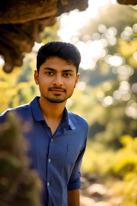 arafed man in a blue shirt and sunglasses standing in front of a hill, in front of a forest background, in sunny weather, hills in the background, ayan nag, with sunglass, amidst nature, roshan, in mountains, mohamed chahin, around 1 9 years old, nivanh ch...