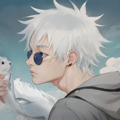 anime guy with white hair and sunglasses looking at a fish, hand coloring,blue eyes, gojo satoru, Jujutsu kaisen, realism art