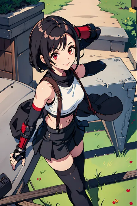 masterpiece, best quality, 7rtifa, crop top, arm guards, fingerless gloves, suspenders, pleated miniskirt, black thighhighs, red boots, from above, grass, stream, looking at viewer, smile