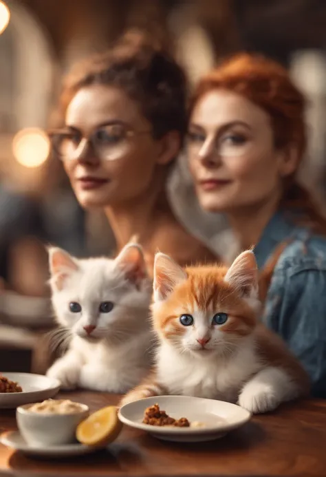 Perfect centering, Three Kittens  , Red-haired kitten, White Kitten, black kitten, Cute kittens, Put on your jacket, wearing sunglasses, wearing headphones, cheerfulness, Sitting position at a café table, Falafel and hummus on the table, abstract beauty, c...