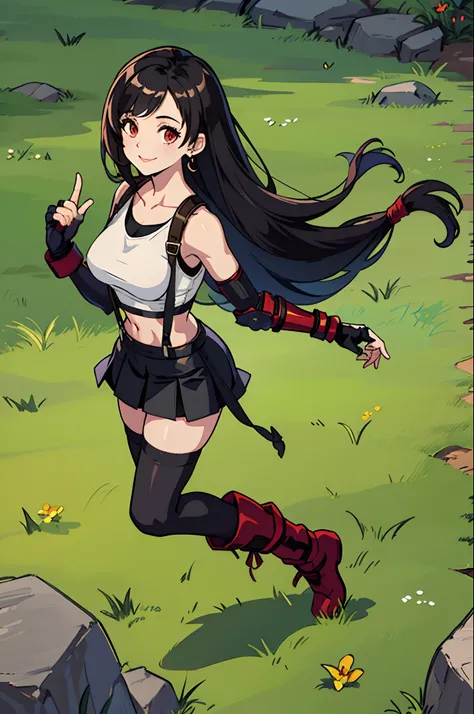 masterpiece, best quality, 7rtifa, crop top, arm guards, fingerless gloves, suspenders, pleated miniskirt, black thighhighs, red boots, from above, grass, stream, looking at viewer, smile, long hair