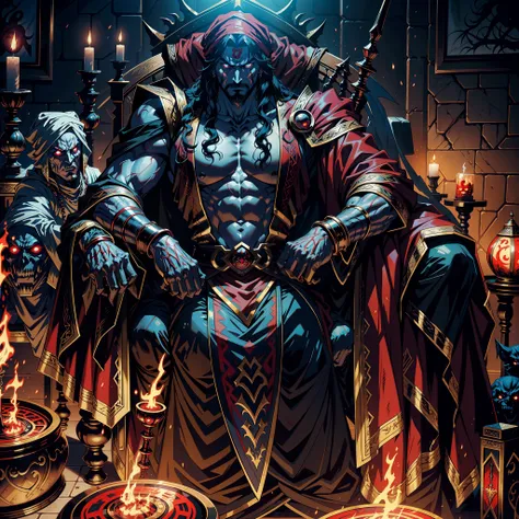 Castlevania Hyper Realistic Shadow Lord Super Detailed Dynamic Shot Master Piece of Lord Dracula Medieval Arab Warrior with Red Turban Scary Face Hokuto No Ken Structure Muscular Face Kenshiro sitting in his legendary Moroccan throne surrounded by demons a...