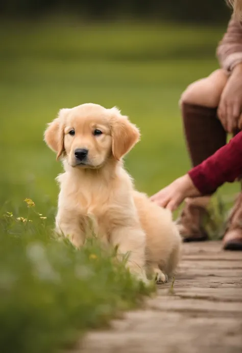 Blond, Einen Golden Retriever-Welpen im Arm