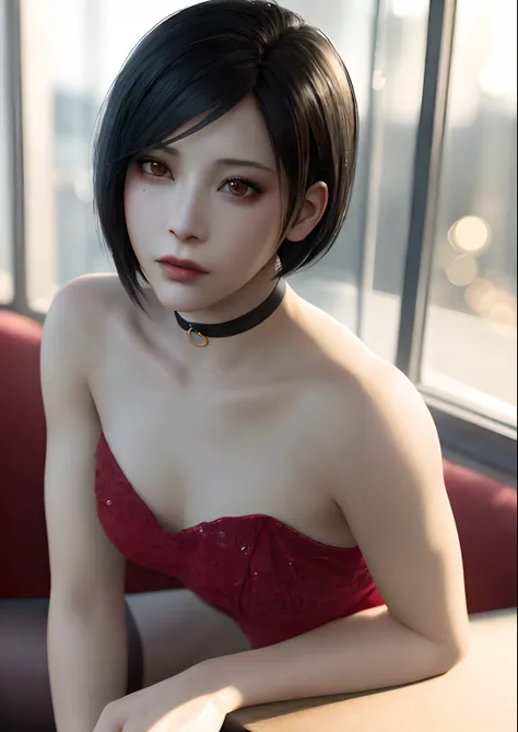 1girl, ((portrait)) of beautiful ADAWONG, looking at viewer, black hair, short hair, ((red dress)), black choker, transparent black stocking, side slit, blush, blotchy makeup, trending on Artstation, ada, realistic, athletic night, highly detailed skin, wa...