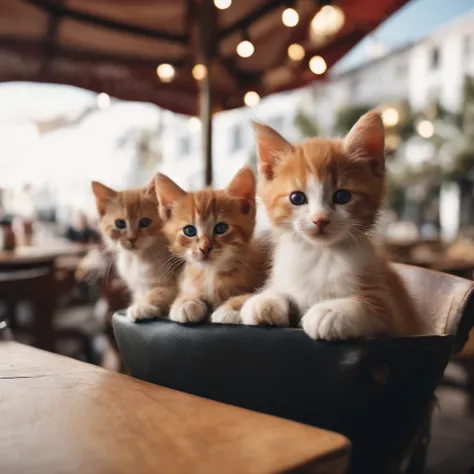 Perfect centering, Three Kittens , Red-haired kitten, White Kitten, black kitten, Cute kittens, Put on your jacket, wearing sunglasses, wearing headphones, cheerfulness, Sitting position at a café table, Falafel and hummus on the table, abstract beauty, ce...