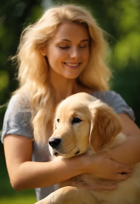 Blonde pretty woman, Einen Golden Retriever-Welpen im Arm