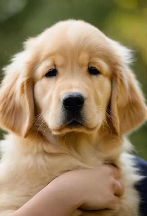 Blonde pretty woman, Einen Golden Retriever-Welpen im Arm