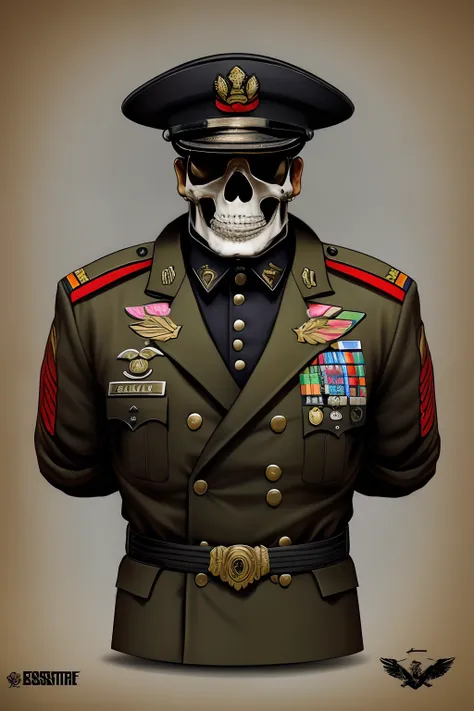 EM.s. General of the Army, estilo o Bison do jogo Street Fighter, Sarcastic skull face, olhos flamejantes