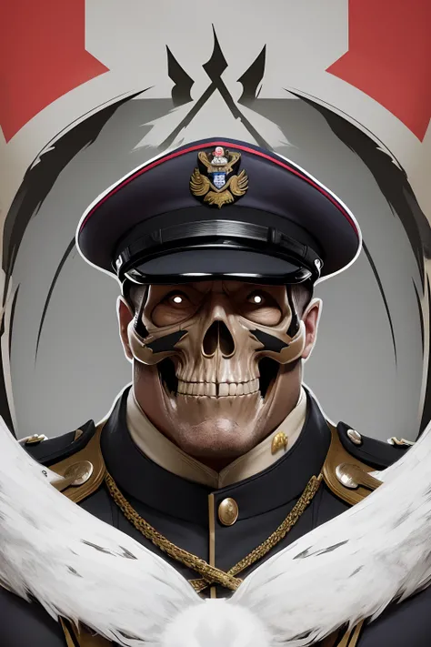 em.s. General of the Army, estilo o Bison do jogo Street Fighter, Sarcastic skull face, olhos flamejantes