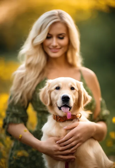 Blonde pretty woman, Einen Golden Retriever-Welpen im Arm