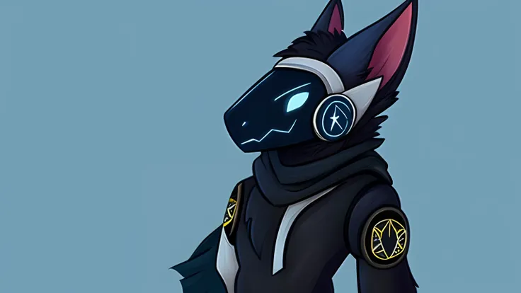 Protogen,pfp, looking at viewer,a little to the side,black fur, dark blue visor, battleworn scarf,solo,pefect pose,bored postion, cartoon, handrawn,black hoodie