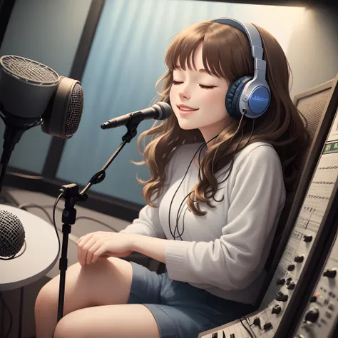 Lofi drawing illustration of young woman with long brown wavy hair in a recording studio, sitting down wearing headphones and speaking into a microphone. Low lighting, soft lighting, slight smile, eyes closed