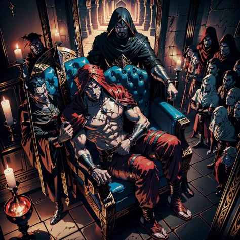 Castlevania Hyper Realistic Shadow Lord Super Detailed Dynamic Shot Master Piece of Lord Dracula Moroccan Medieval Arab Warrior with Red Turban Scary Face Hokuto No Ken Structure Muscular Face Kenshiro Sitting in His Legendary Moroccan Throne Surrounded by...