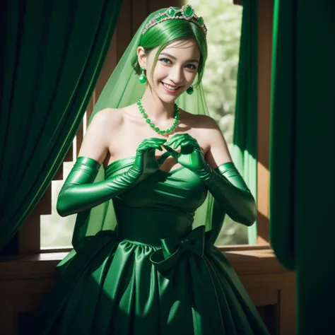 emerald tiara, Green Pearl Necklace, Boyish very short green hair, lipsticks, Japan woman smiling, very short short hair,  big breasts beautiful, Green eyes, Long green gloves made of satin material, Green eyes, Emerald Earrings, green vale, Heart with bot...