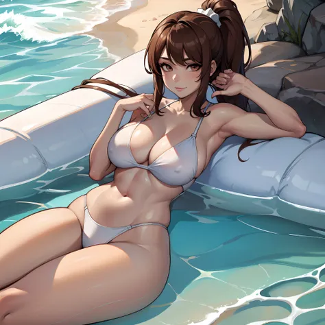 female with brown ponytail, has brown eyes, wearing white bikini while relaxing on the beach