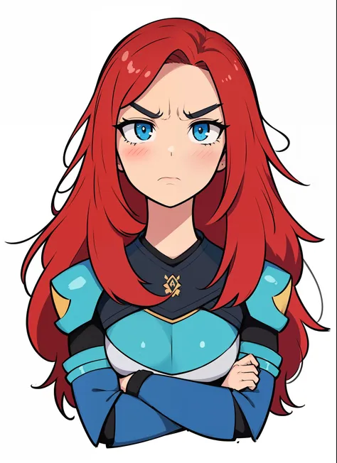 a cartoon girl with red hair and a blue armor, wearing armor, rpg paladin, beautiful grumpy girl, an angry expression, angry look, with serious face expression, frowning expression, young angry woman, cartoon style illustration, serious and stern expressio...