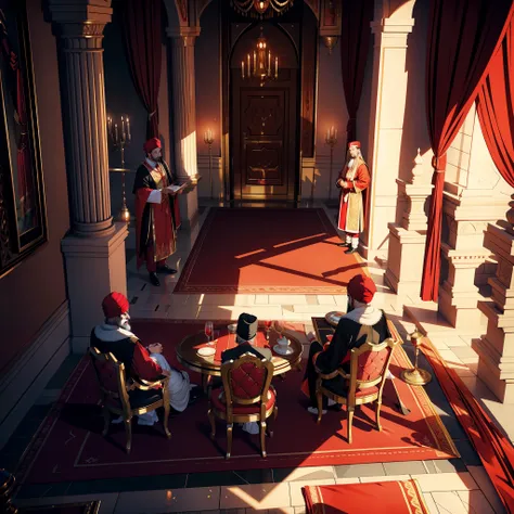 Lord Dracula in these red turbans with Moroccan Islamic outfit Super detailed 15 years in the legendary throne room Accompanied by these consultants 3 people in Moroccan dress View of the scene View of the scene from a 3D camera Three points Perspective Sh...