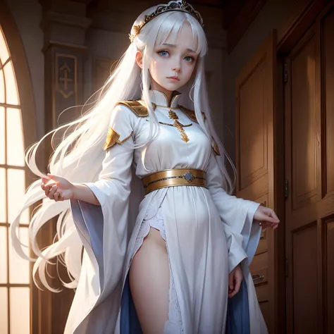 In the background in house, a beautiful girl name is Lisa, 18 year old with blue eyes, long white hair, wearing a white tunic is sad, As emperor, Remembering a person, Panic