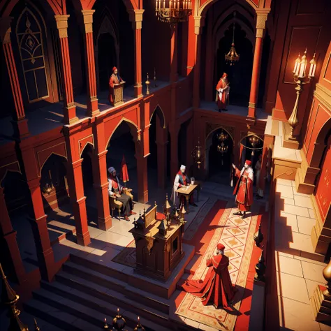 Lord Dracula in these red turbans with Moroccan Islamic outfit Super detailed 15 years in the legendary throne room Accompanied by these consultants 3 people in Moroccan dress View of the stage View of the scene from a 3D camera Three Points Perspective Sh...