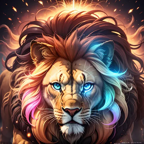 a burst-style lion roaring, its mane composed of shimmering polymers that radiate outwards, capturing light and colours from all angles --auto --s2