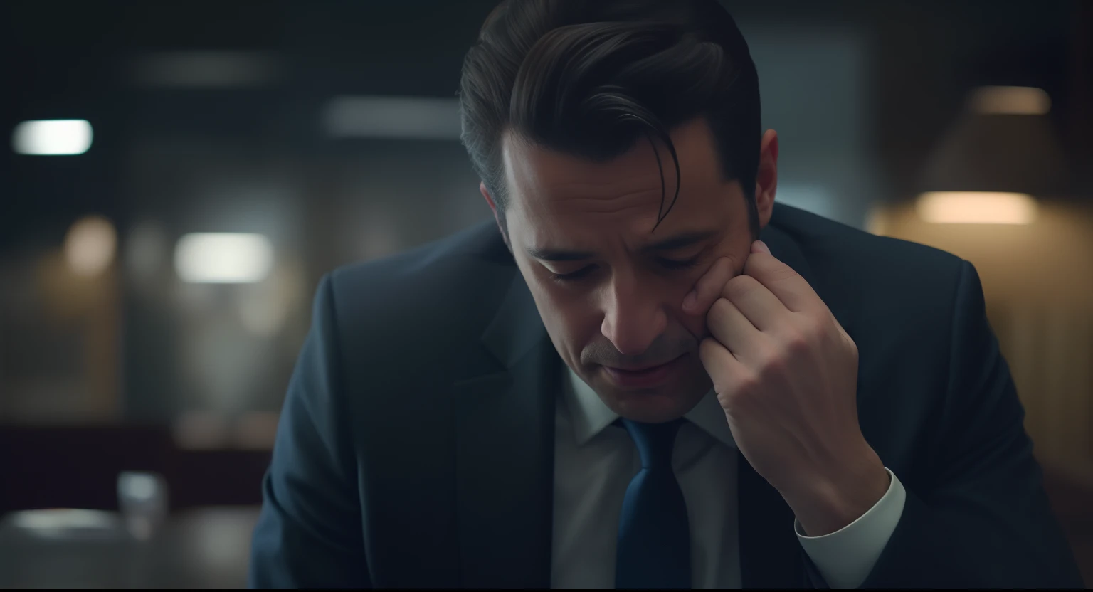 Man in suit and tie holding head in hands, Retrato VFX altamente detalhado, homem triste, Zelensky tendo uma birra, retrato vfx altamente detalhado de, youtube video screenshot, he has a devastated expression, Giga Chade chorando, renderização vfx hiperrea...