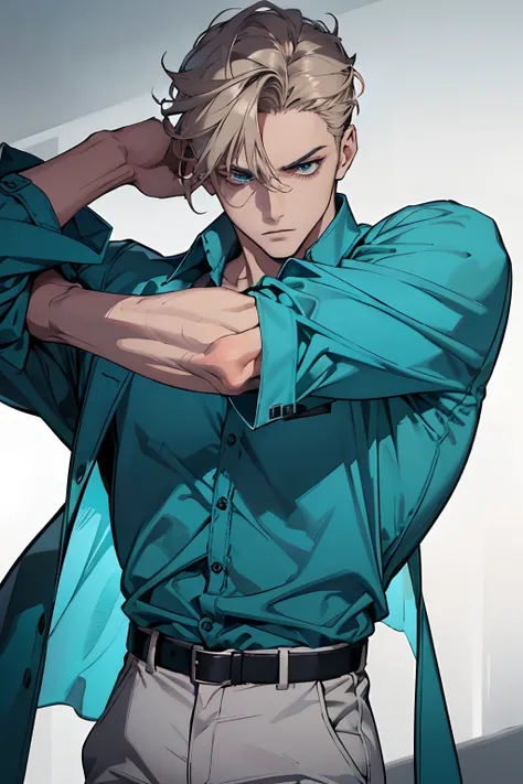 30 years old men, Disturbed Allback, Dark blonde hair, one eye, tense look，Gray iris，Roll up your turquoise shirt，Trained arms，White pants， razor-sharp jawline, sharp gaze, Cold and mysterious character, 8K, Detailed features, extremely handsome