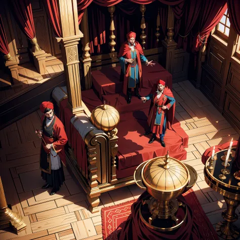 Lord Dracula in these red turbans with Moroccan Islamic outfit Super detailed 15 years in the legendary throne room Accompanied by these consultants 3 people in Moroccan dress View of the stage View of the scene from a 3D camera Three-point shot Bottom vie...