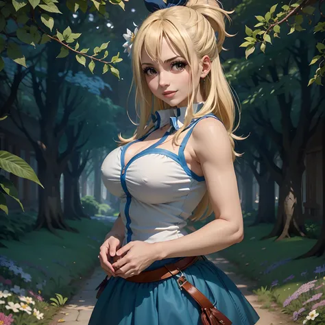 Lucy Heartfilia,cauda de fada,belos olhos detalhados,beautiful detailed lips,olhos e rosto extremamente detalhados,long eyelashes,cabelo loiro penteado em rabos de porco,sorrindo brilhantemente,olhos azuis cintilantes,top roxo e saia azul,Standing in a mag...