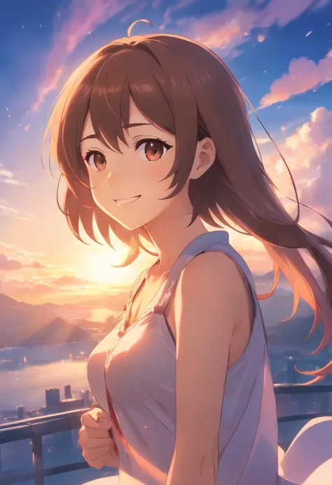 tmasterpiece，best qualtiy，very high res，cinematic Film still from，1girll，Cloud Girl，Floating in the sky，closeup cleavage，brightly，cheerfulness，Warm and soft lighting，the sunset，sparkler，（spark of light：0.7）Positive light，A brown-haired，grin，adolable，Loomin...