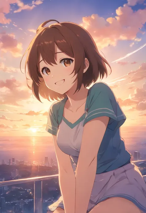 tmasterpiece，best qualtiy，very high res，cinematic Film still from，1girll，Cloud Girl，Floating in the sky，closeup cleavage，brightly，cheerfulness，Warm and soft lighting，the sunset，sparkler，（spark of light：0.7）Positive light，A brown-haired，grin，adolable，Loomin...