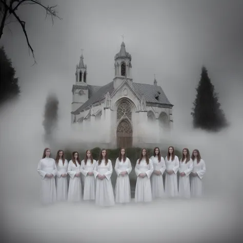 professional conceptual photo of a group of girls in white christening robes standing in front of a gothic church. fog, decadenc...