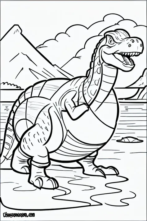 Coloring page for kids, lagoon dinosaur cartoon style, thick lines, few details, no shadows