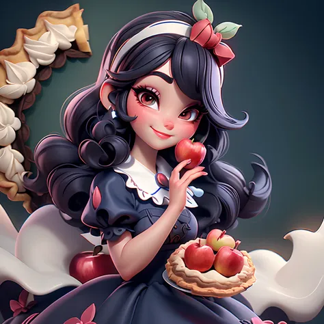 masterpiece, best quality, detailed face, bright eyes, large eyelashes, detailed nose, detailed hands, a close up cartoon of snow white, smiling, black hair, red tiara with a hairbow, blue dress, biting an (((apple pie))),