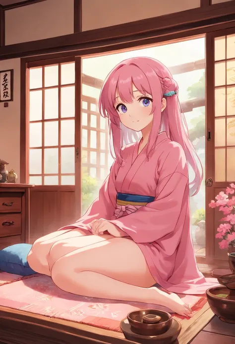 una chica kawaii con pelo largo (rosa claro), ojos lindos (Celestes claros), desnuda, Shy and tender expression, In a traditional Japanese room, sentada en una mesa, Facing the camera, perspectiva abajo, mostrando sus pies, desnuda, Clear ambience