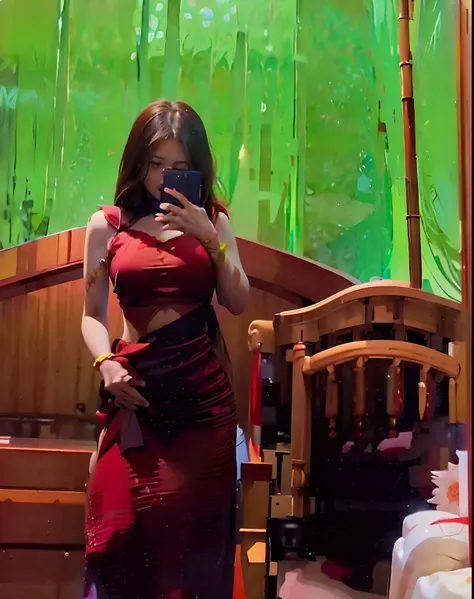 there is a woman taking a picture of herself in a mirror, red clothes, 30 years old woman, 3 0 years old woman, red mood in background, very very low quality picture, leaked photo, candid picture, wearing red attire, full body in camera, red dress, wearing...