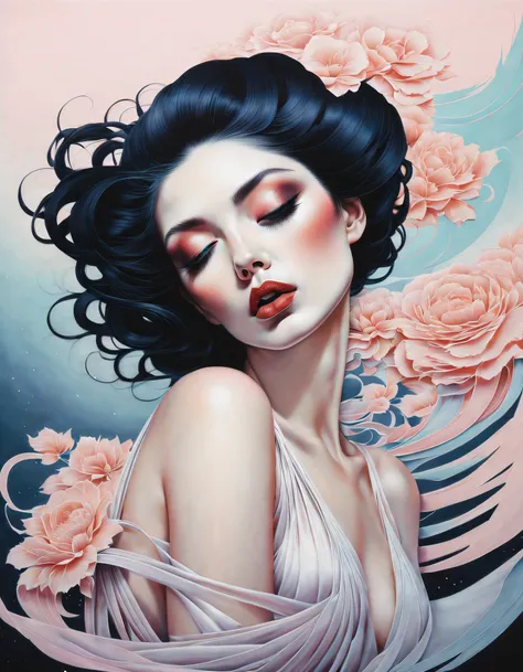 chiaroscuro technique on sensual illustration of an elegant , vintage ,silky eerie, matte painting, by Hannah Dale, by Harumi Hironaka, extremely soft colors, vibrant, pastel, highly detailed, digital artwork, high contrast, dramatic, refined, tonal, golde...