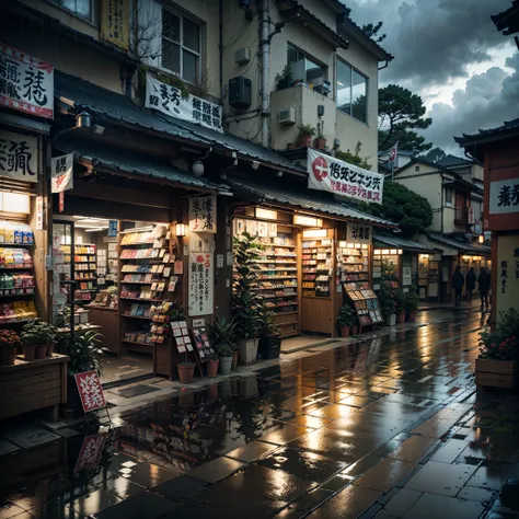 anime background, anime wallpaper, anime, anime style, lofi, lofi style, modern japanese street, modern japanese architecture, japanese convenience store, big retro japanese shop signs, retro japanese store, trees, plants, rocks, plant pots, shop signs, ja...