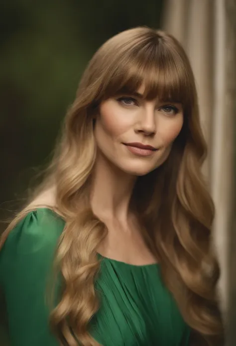 a close up of a woman with long blonde hair and a green dress, long bangs, nicole de boer, with a fringe, with bangs, central parted fringe, center parted bangs, long straight bangs, very long bangs, long hair with full bangs, long hair with bangs, straigh...