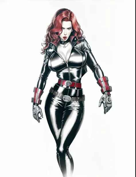 black widow scarlet johansson, large breasts, wide hips, (large belt buckle:1.3),