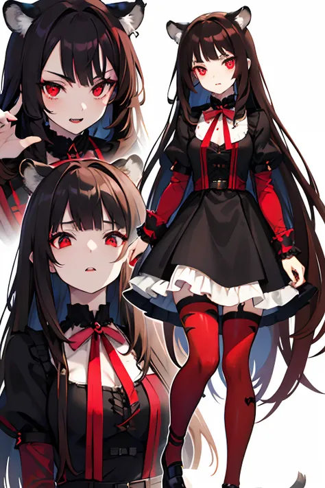 brunette color hair，Gothololita，Tiger Tooth，red pupils，The upper part of the body，long whitr hair，expressiveless，Black and white dress，Vampires