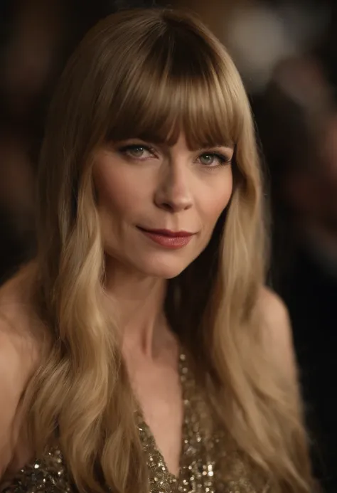 a close up of a woman with long blonde hair and a short dress, long bangs, nicole de boer, with a fringe, with bangs, central parted fringe, center parted bangs, long straight bangs, very long bangs, long hair with full bangs, long hair with bangs, straigh...