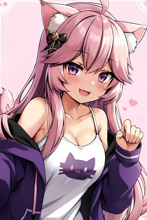 nyatasha nyanners, masterpiece, best quality, 1girl, virtual youtuber, animal ears, cat ears, pink hair, purple eyes, long hair, paw pose, cat hair ornament, solo, ahoge, looking at viewer, smile, blush, animal ear fluff, open mouth, jacket, fang, camisole...