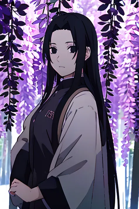 A young girl, long black hair, dark black eyes, wearing demon slaye clothing, in a forest of wisteria trees looking skyward, her back to the camera.