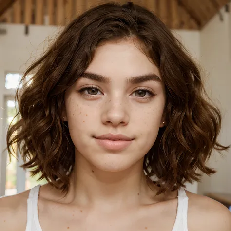 create a curly hair boy with thick lips, bushy eyebrows, dimples, freckles, light brown hair and  brown eyes with almond shaped eyes and a medium round nose shape with br