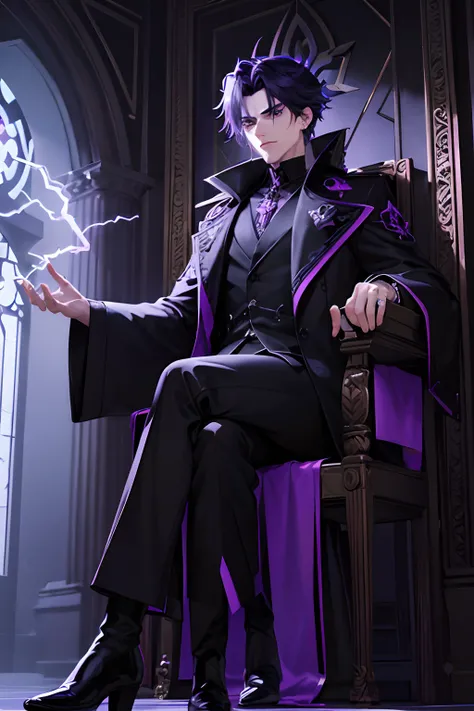 (4k, ultra detailed, modern alternate universe), god of the underworld hades, menacing gaze, everyone is scared of him, sacred corridors, dark shadows looming in the hallway, hades sitting on his throne, dark blue and purple shades with a lot of black, lon...