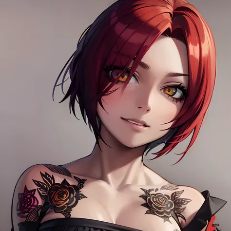 Menina anime com olhos vermelhos e tatuagens em seu peito, arte de anime realista, photorealistic anime girl rendering, estilo realismo anime, realistic anime art style, arte digital estilo anime, Estilo anime 3D realista, arte de anime digital, cabelos ve...