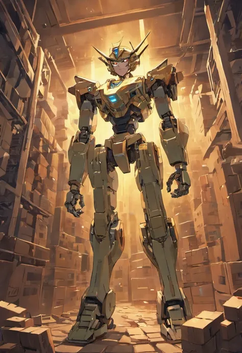 A futuristic metal robot, carefully stacking small wooden bricks inside a cardboard box.