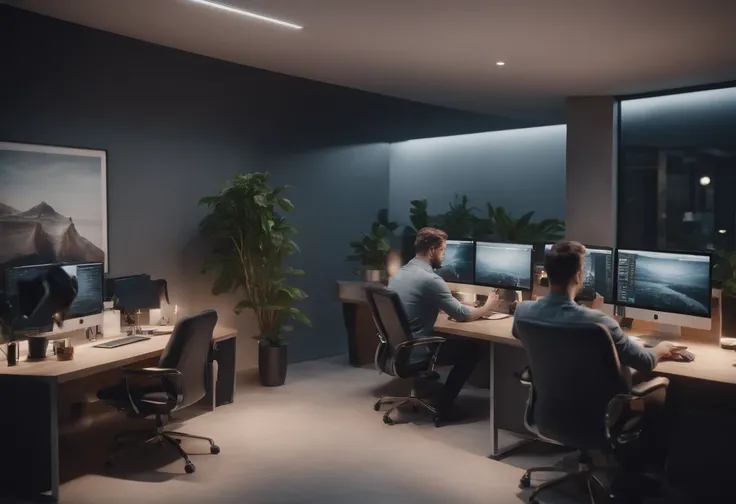 Front exterior view of a small office with computers on desks and a group of people working, Ultra-realistic aesthetics, paleta de cores vibrantes