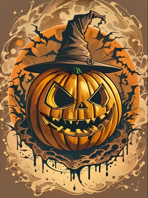 High quality design vector style image, t-shirt print style, graphic art white background of a scary Pumpki with Halloween pumpkin head, bright and realistic colors, fantasy style halloween backdrop